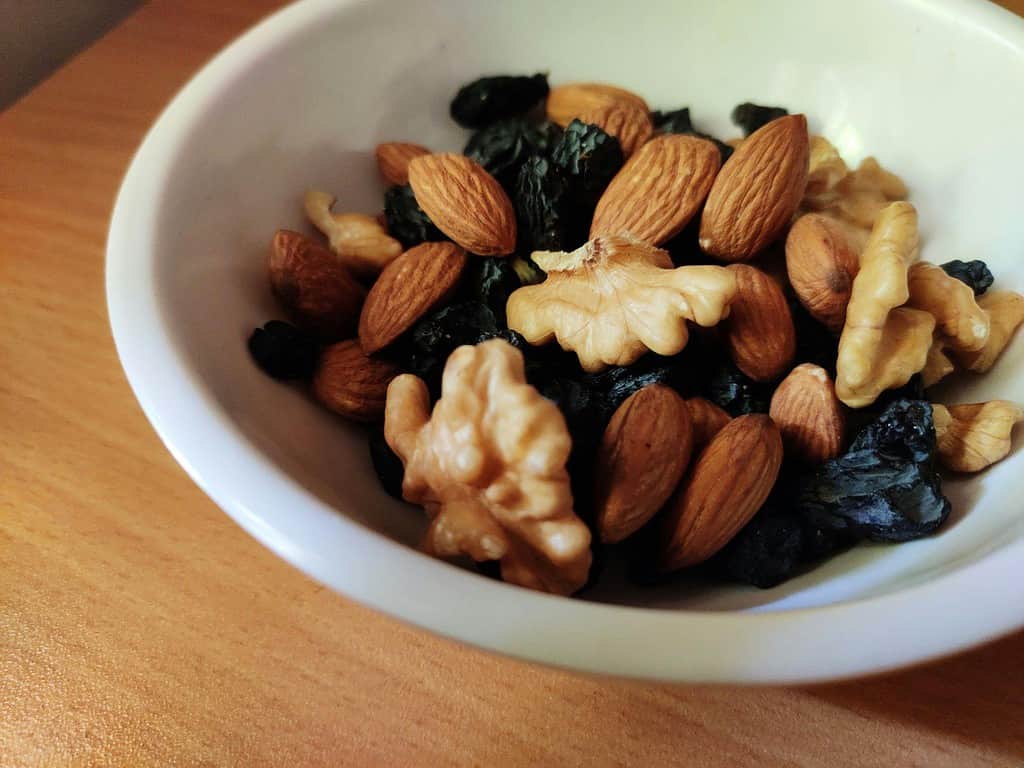 bowl of nuts and saltanas for dance bag snacks