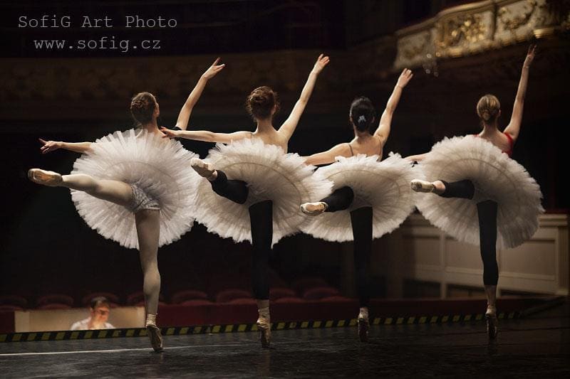 Cygnets dancing during swan lake ballet performance rehearsal