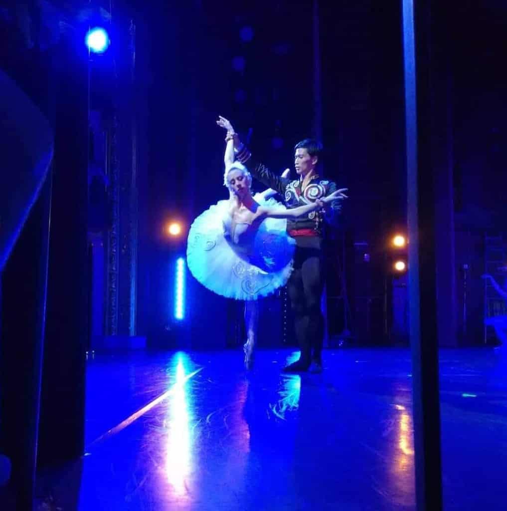 Odette and Prince Siegfried on stage during swan lake ballet