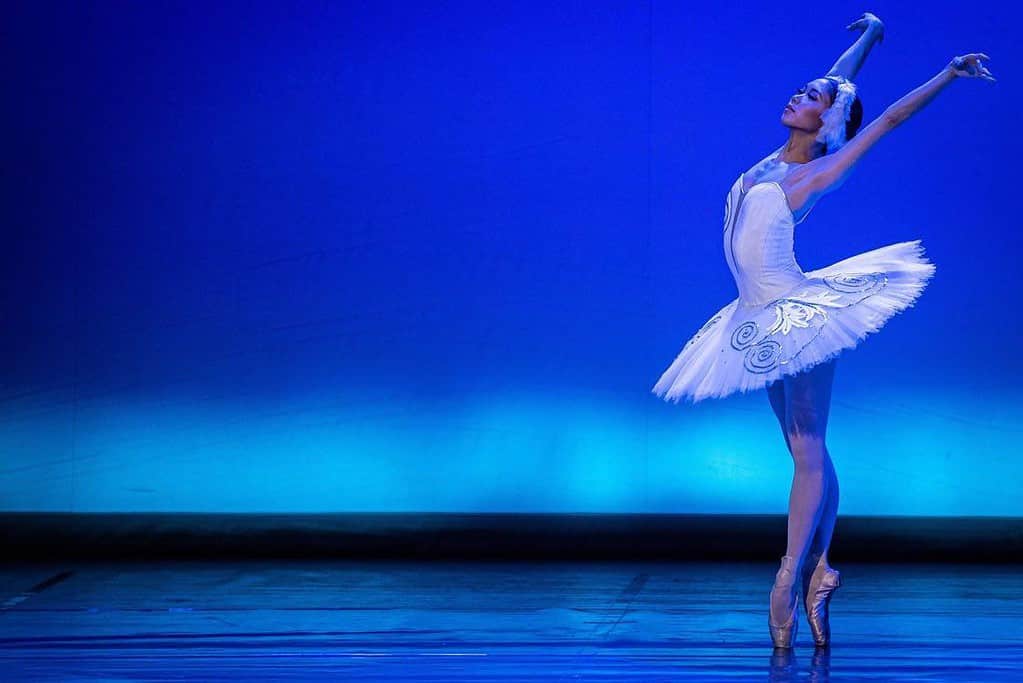 Odette on stage alone during swan lake ballet