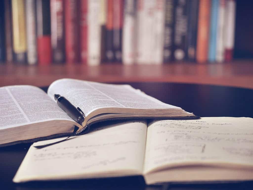 Two books laying flat on a desk with bookshelf in the backdrop