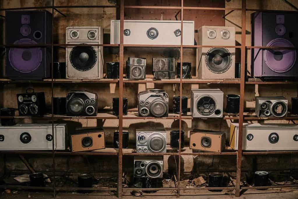 Variety of audio sound systems on a shelf