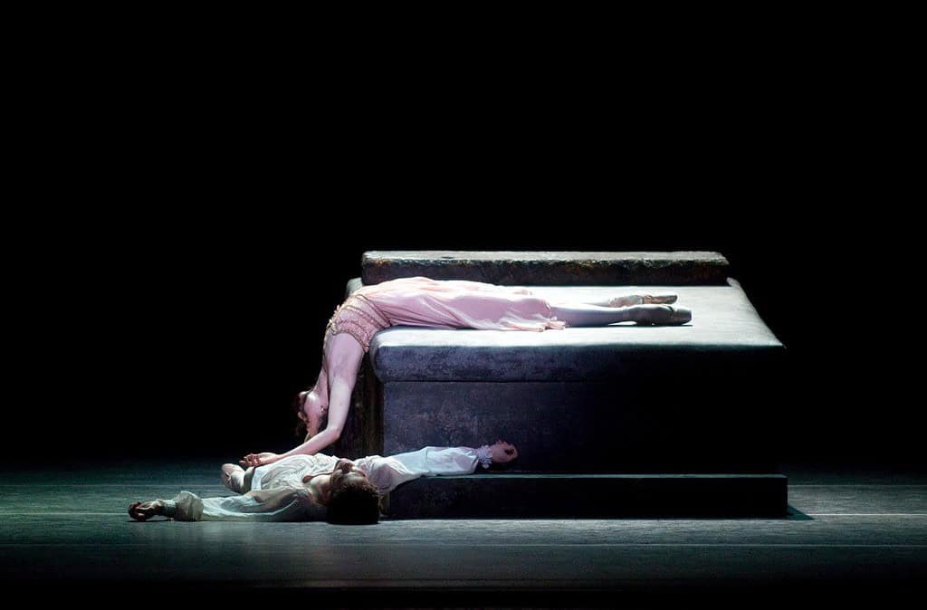 Dancers acting the tragic ending during Romeo and Juliet ballet performance