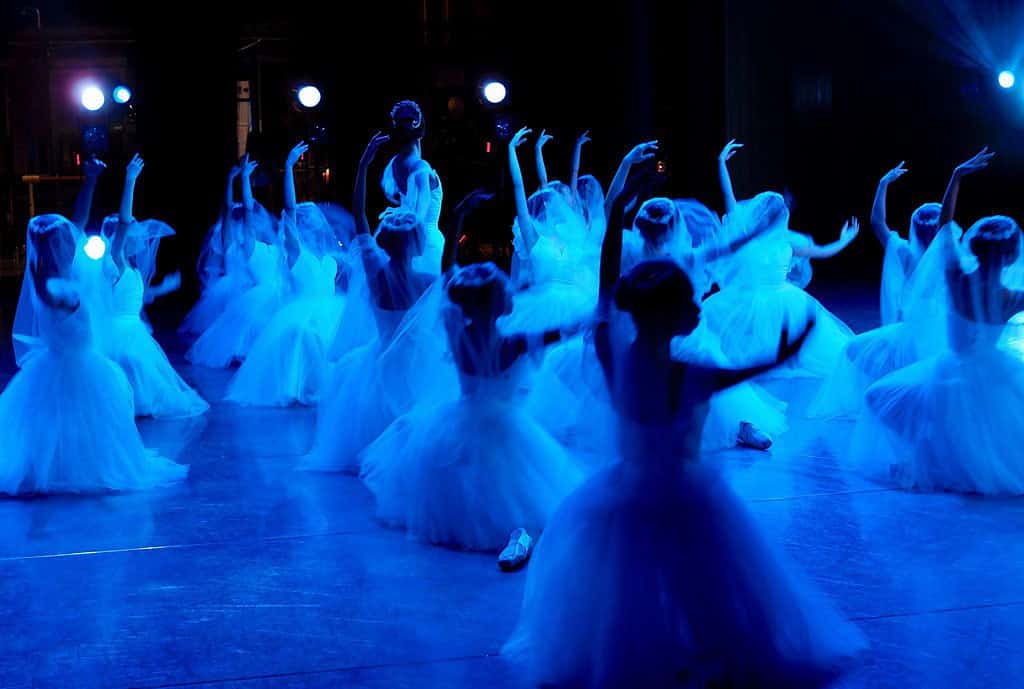 professional dancers on stage under blue lighting