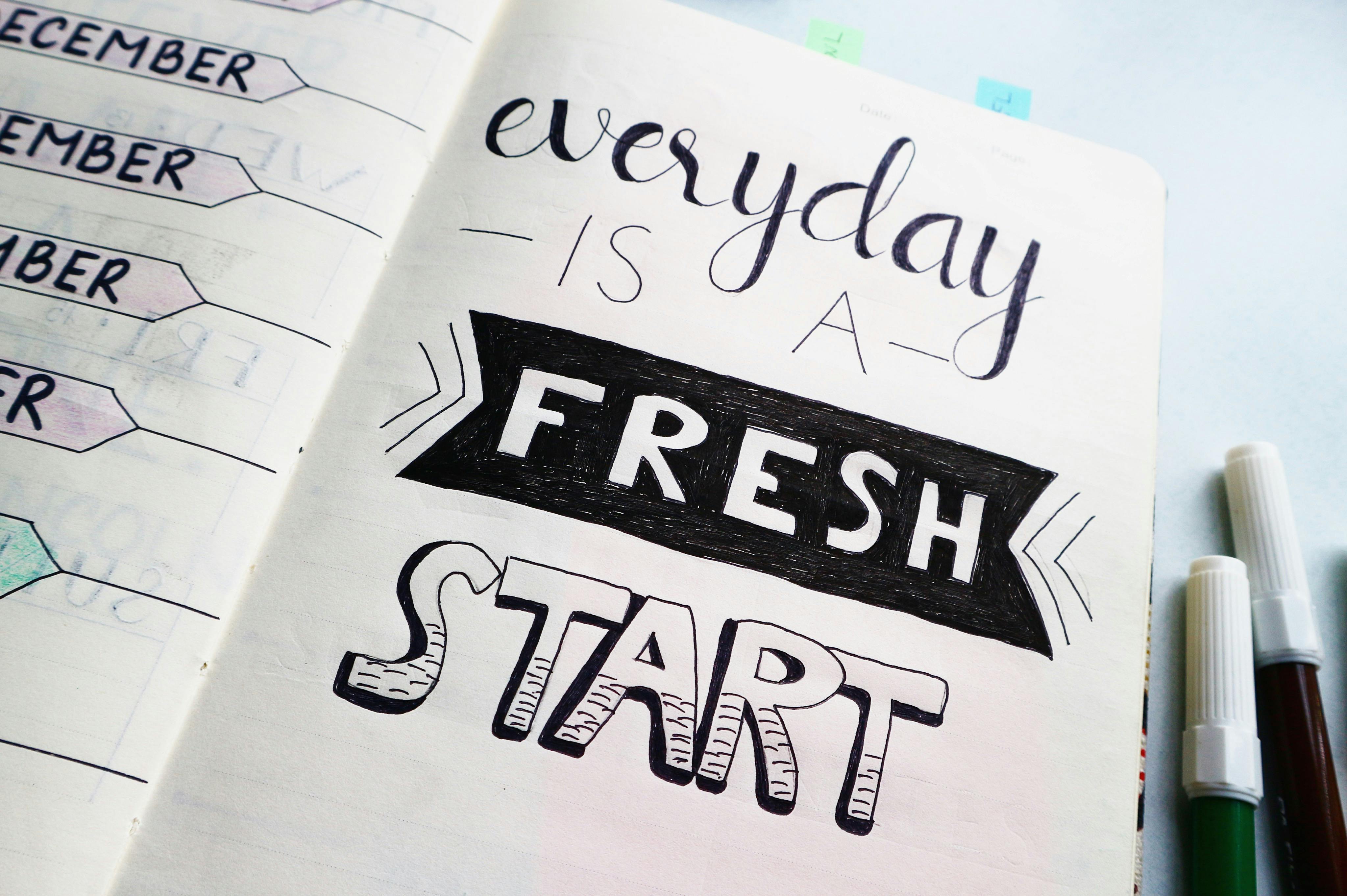 Notebook with the words Every Day is a Fresh Start